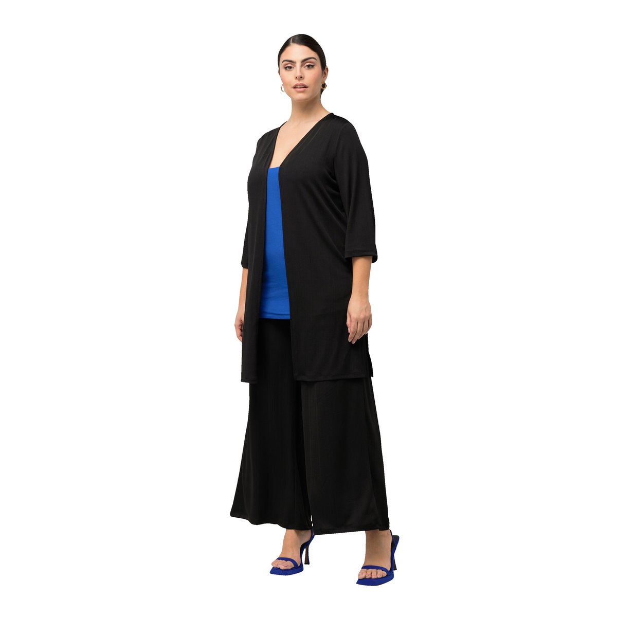 Gilet long en jersey côtelé. Coupe ouverte noir, ULLA POPKEN