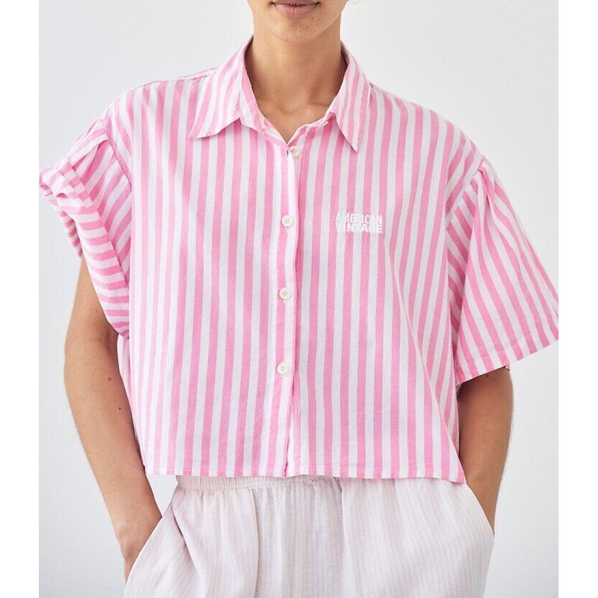 Camisa de rayas de manga corta, VEXTOWN rayas rosa, AMERICAN VINTAGE