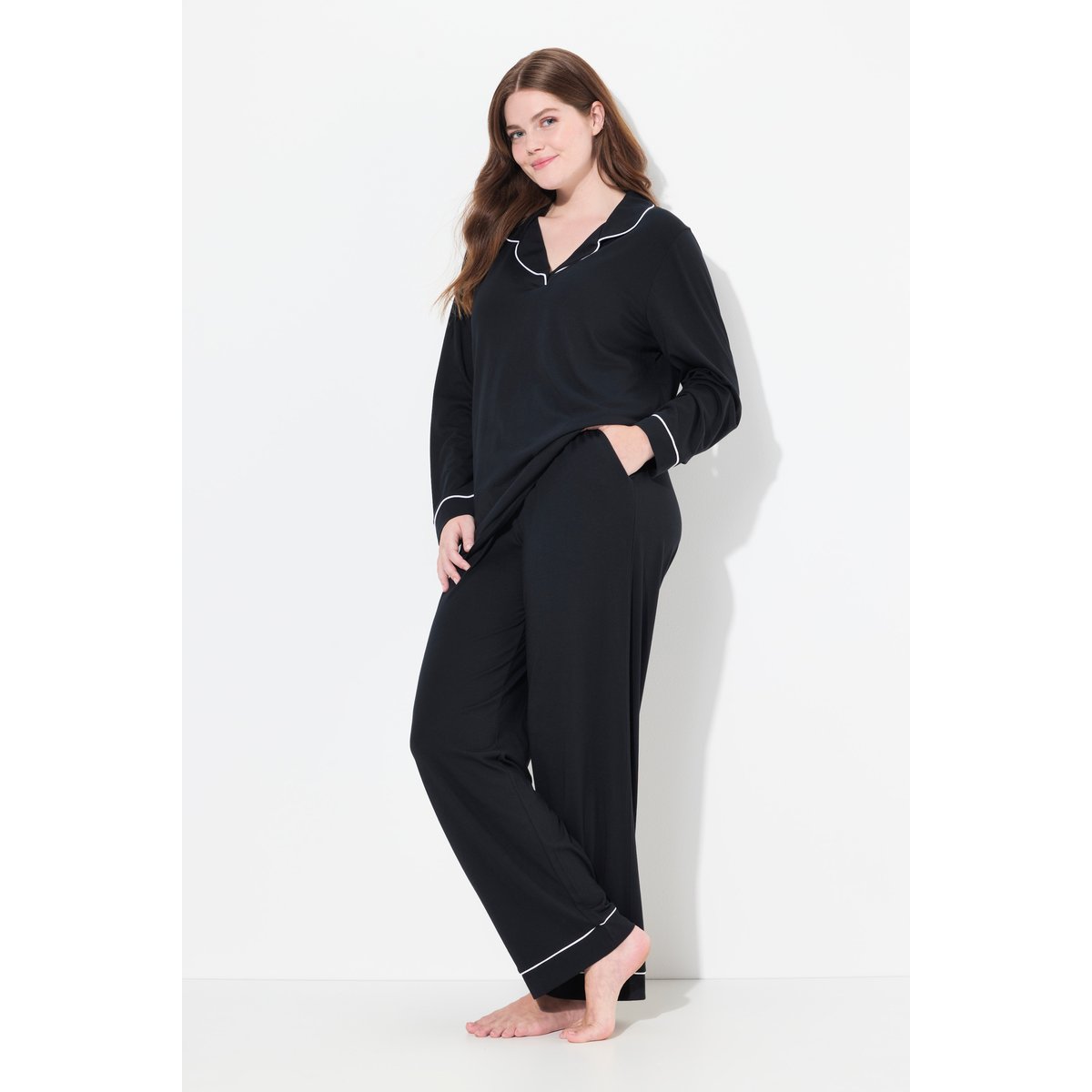 Pyjama manches longues, passepoils fantaisie noir, ULLA POPKEN