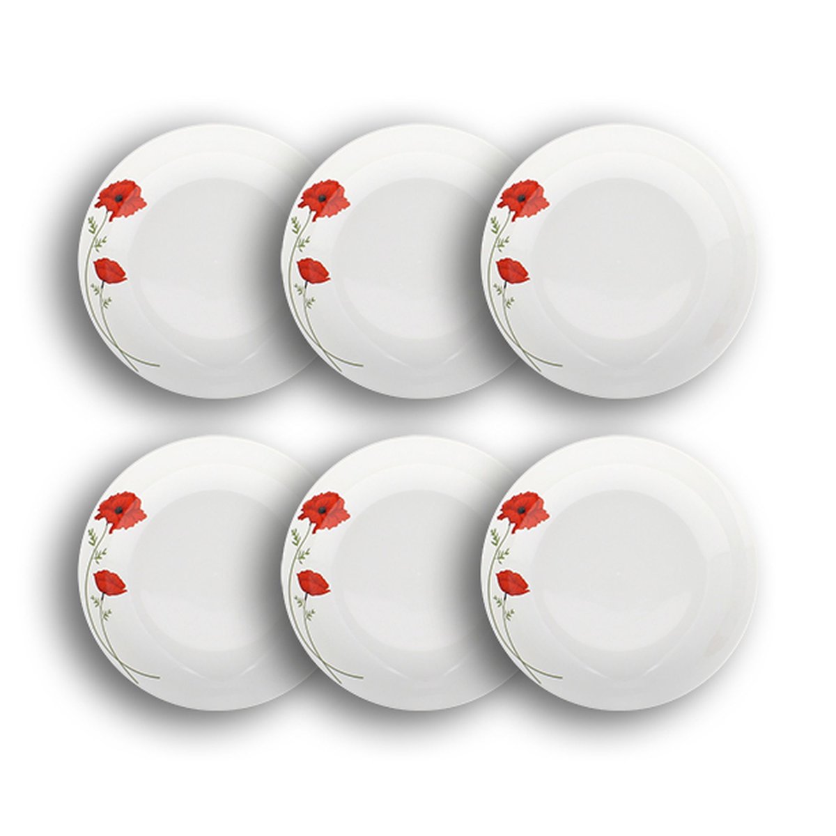 Lot de 6 assiettes creuses en porcelaine 20,5cm, COQUELICOT blanc-rouge, NOVASTYL