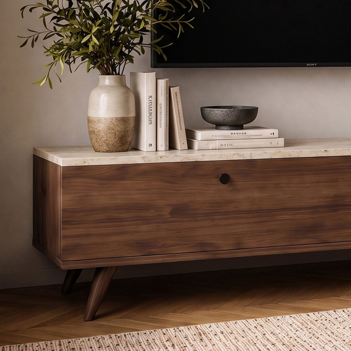 Meuble TV 2 portes plateau effet travertin et bois L140cm- YARA bois foncé, DRAWER