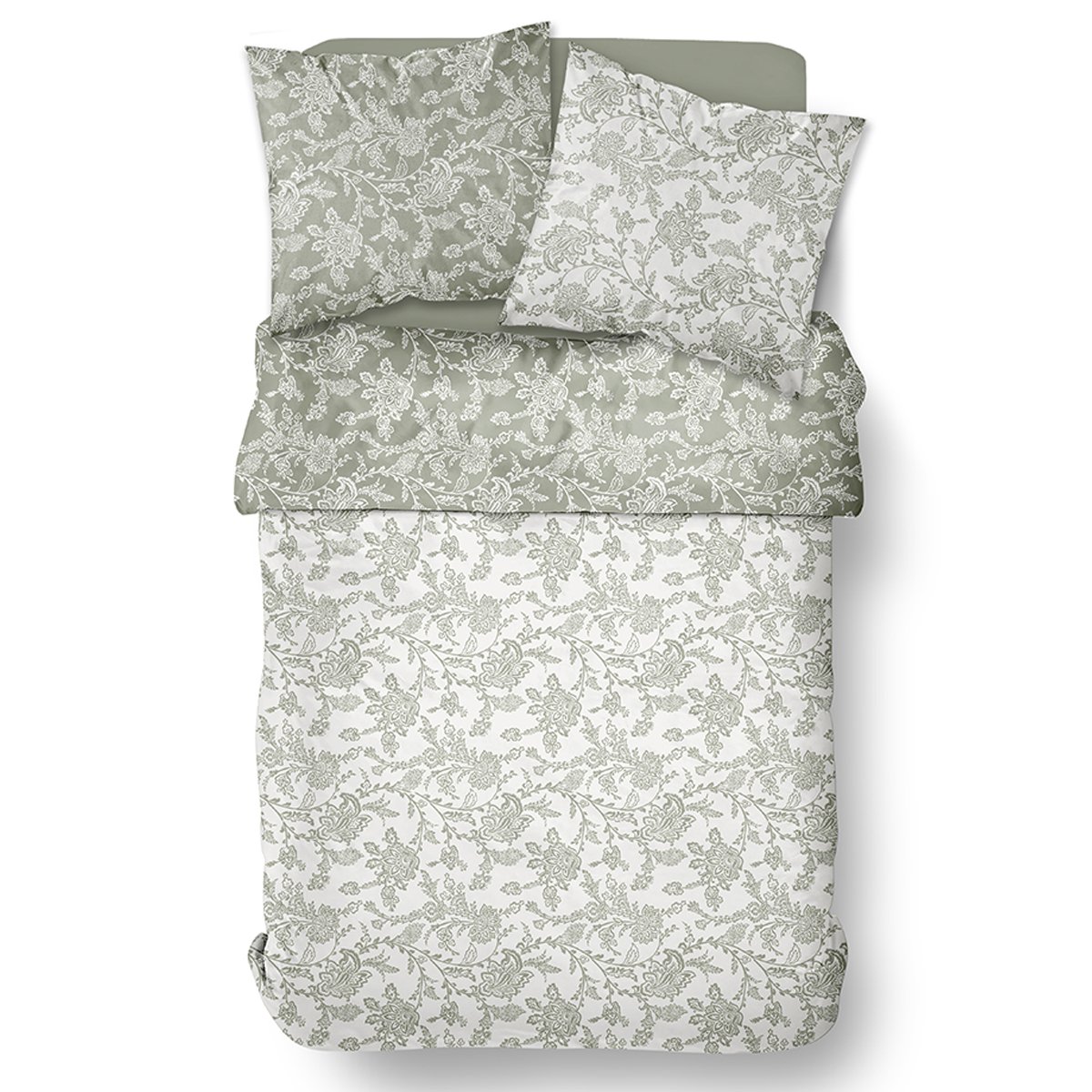 Parure de lit uni 1 personne imprimé + Drap Housse COCON vert, TODAY