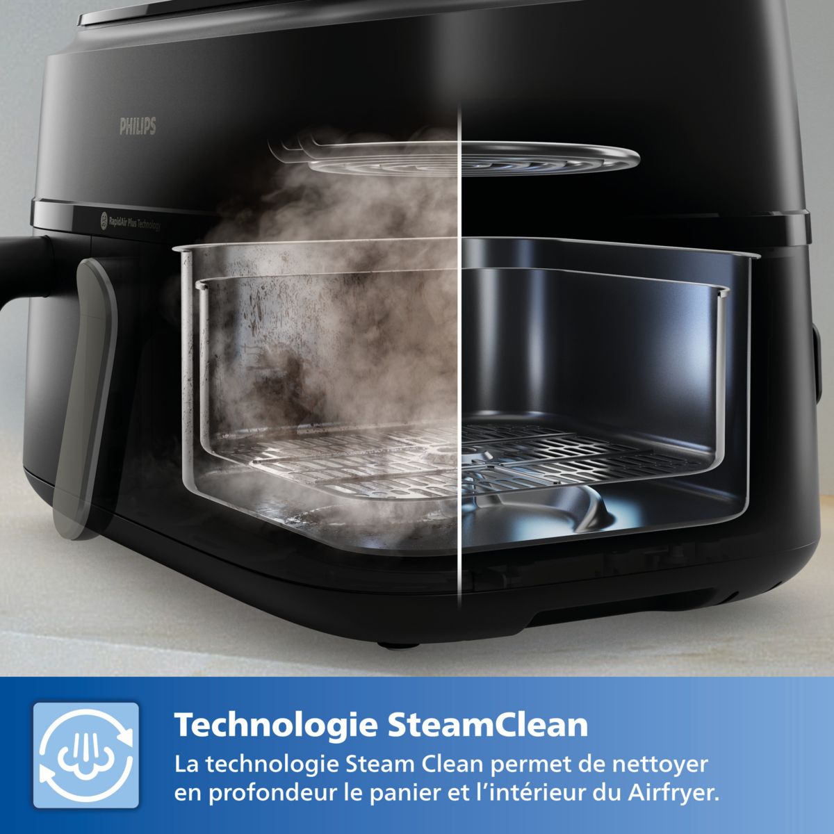 Airfryer NA555/00 friteuse sans huile double panier + vapeur Métal, Série 5000 9L (3+6L) couleur unique, PHILIPS