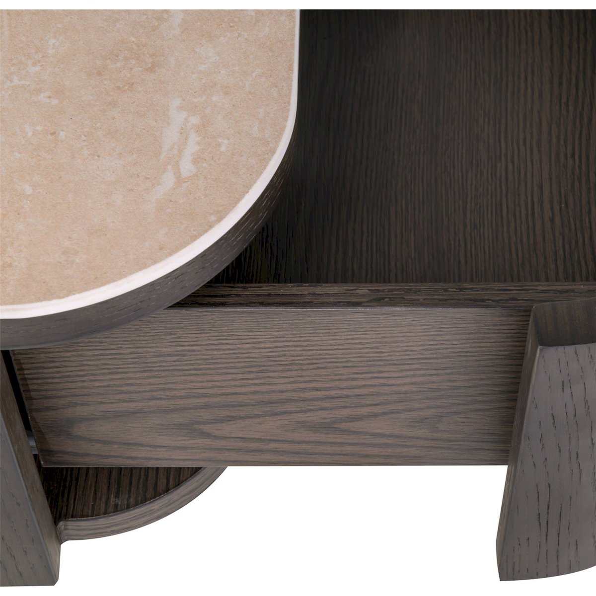 Table de chevet ronde bois et travertin NANDO marron foncé et beige travertin, RECOLLECTION