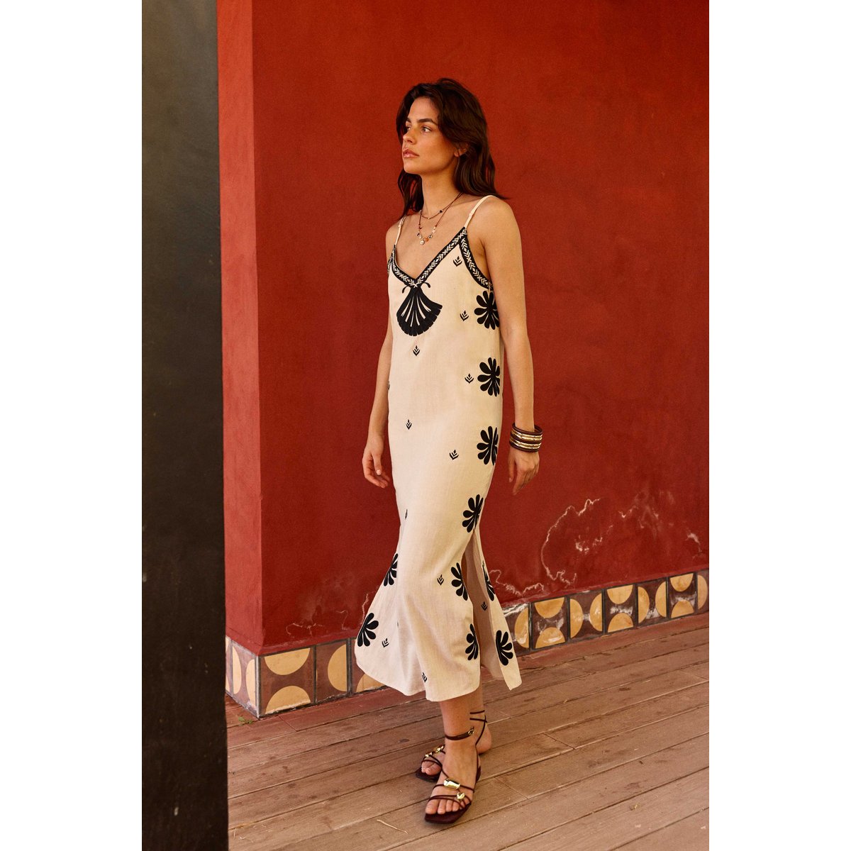Robe longueur midi droite imprimé ethnique ROY 13-beige/noir, LA PETITE ETOILE
