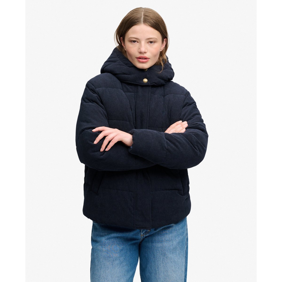 Doudoune à Capuche en Velours Premium bleu marine éclipse, SUPERDRY