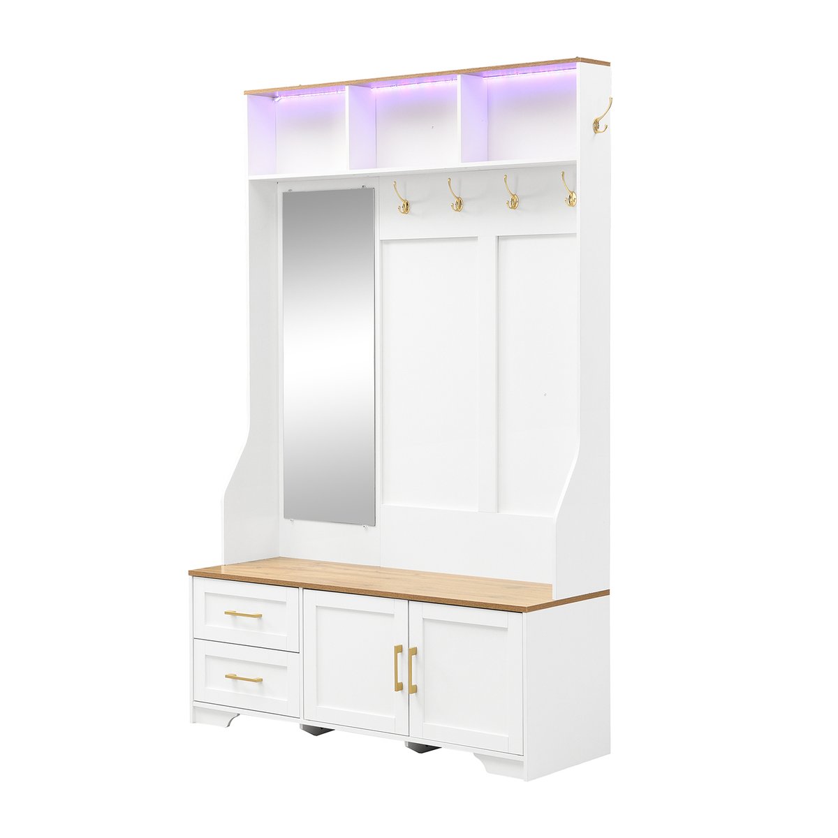 Vestiaire d'entrée avec miroir banc et rangement, PORTER-G hêtre, MEUBLES COSY