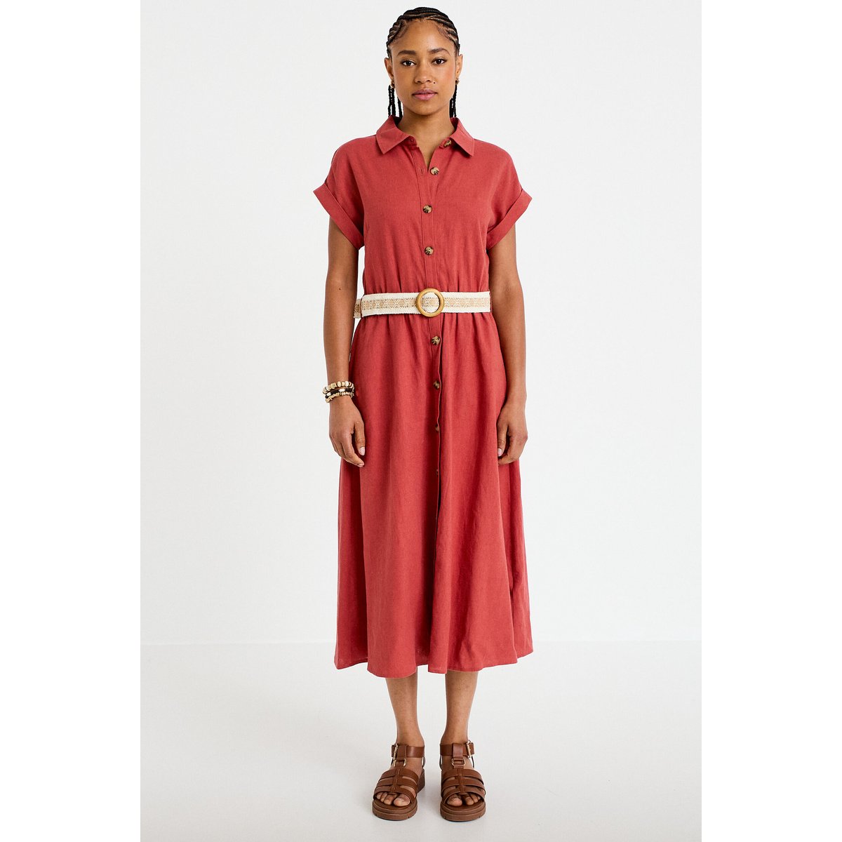 Robe évasée avec ceinture amovible vieux rose, CACHE CACHE