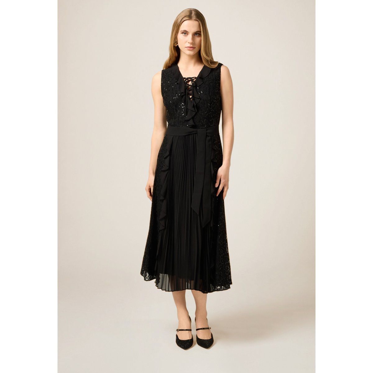 Robe midi à volants et paillettes noir, OLTRE