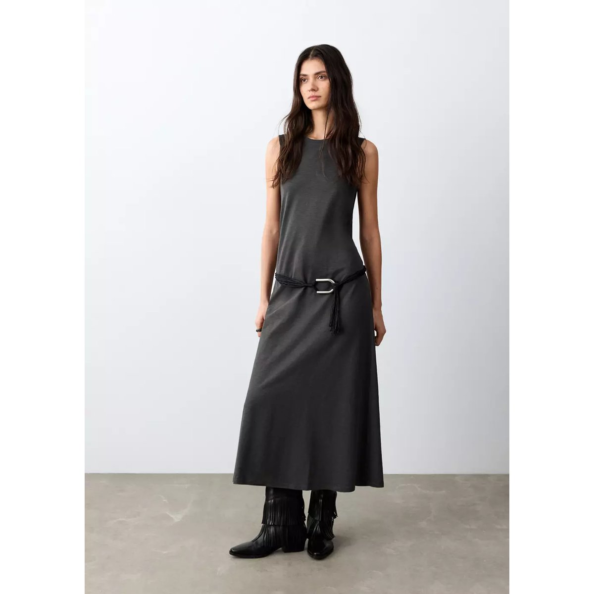 Robe longue détail ouvertures gris anthracite, MANGO TEEN