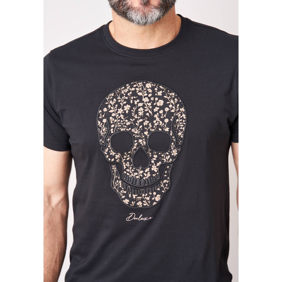T-shirt regular homme en 100% coton jersey imprimé tête de mort à motif floral SHADOW black, DEELUXE