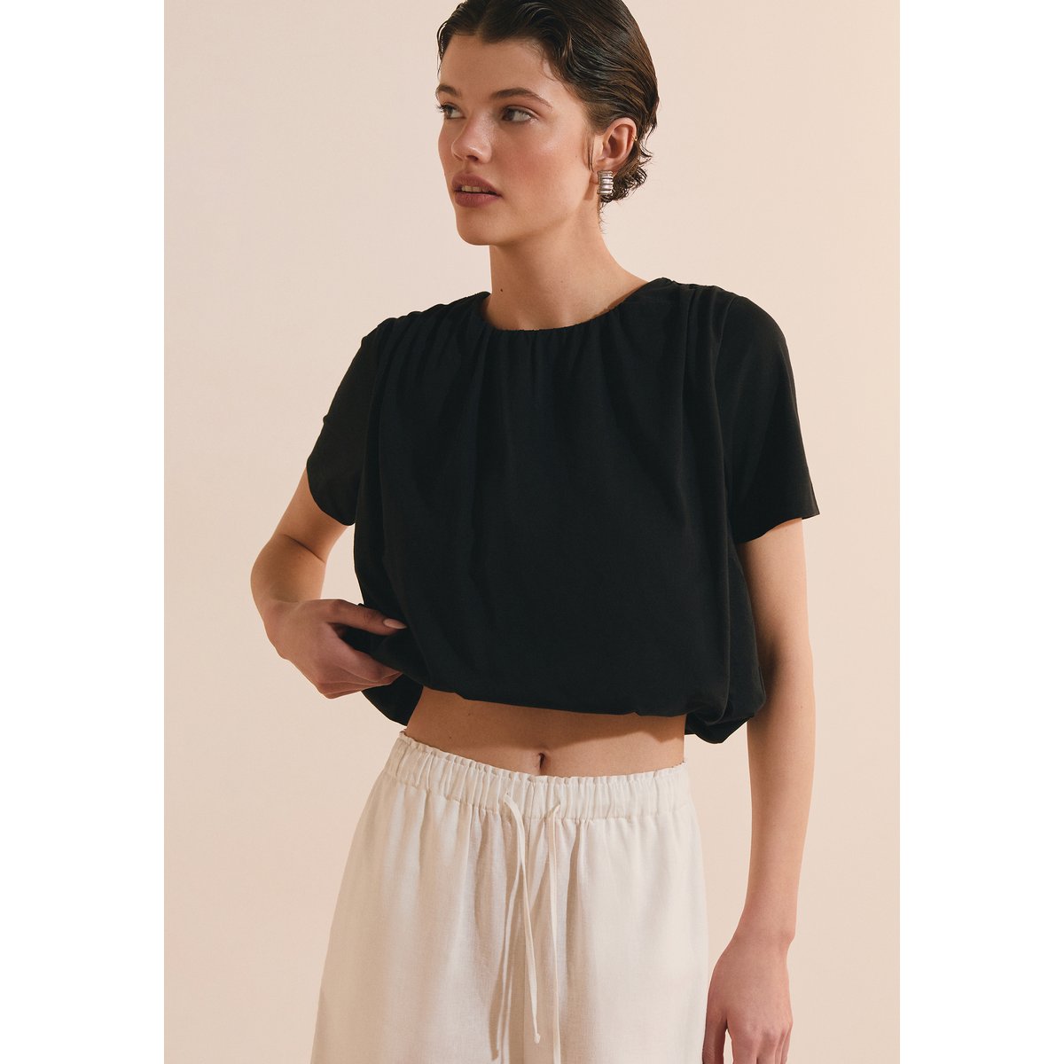T-shirt bouffant en coton A MIA noir, ETAM