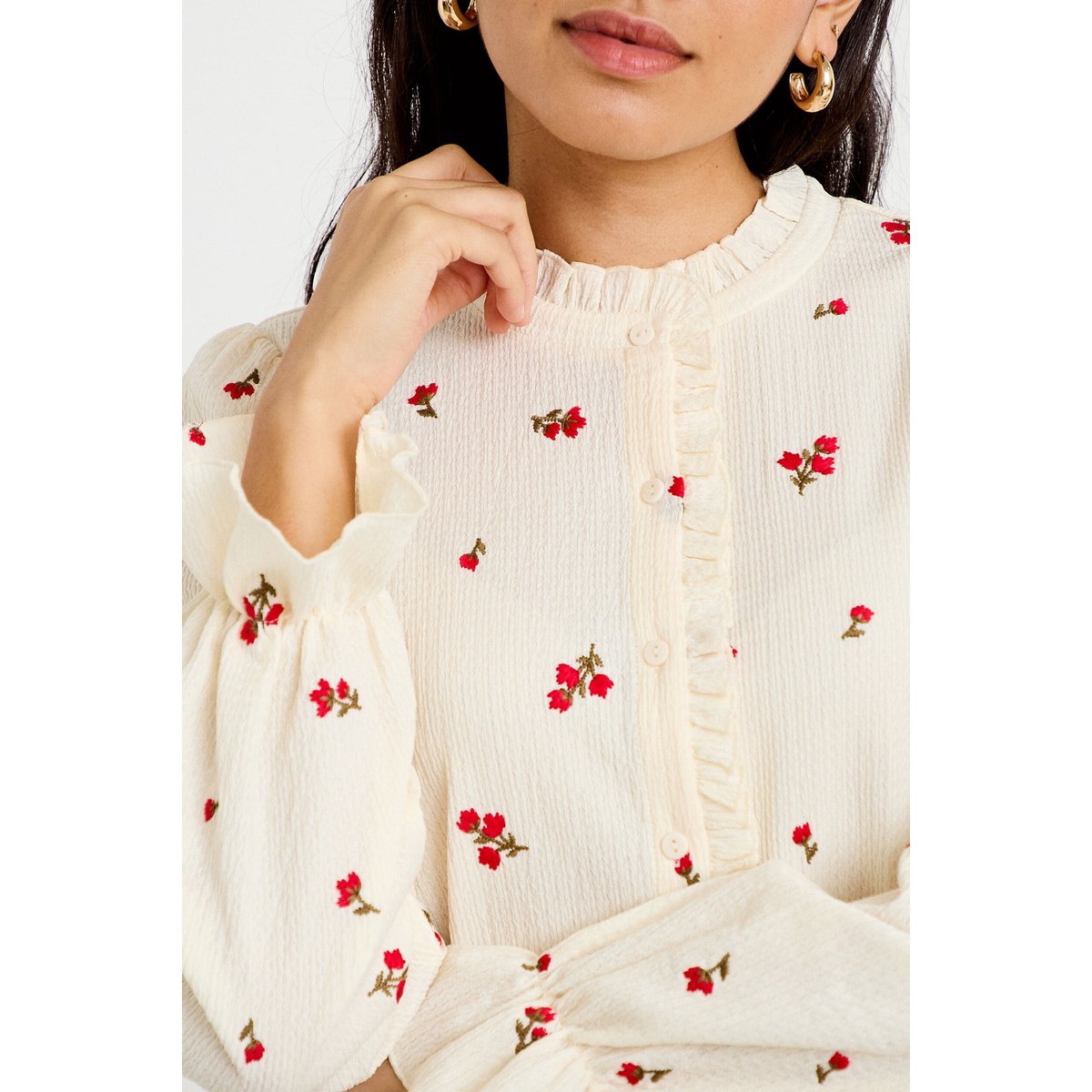 Chemise droite broderie manches longues ecru, CACHE CACHE