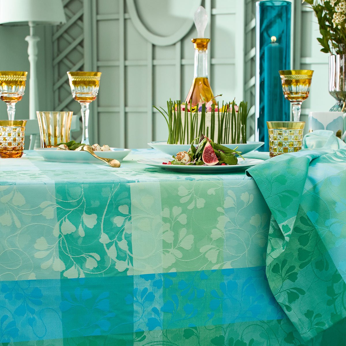 Nappe pur coton MILLE FEUILLAGES turquoise, GARNIER THIEBAUT