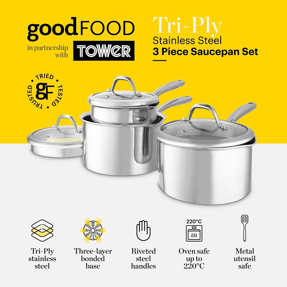 3-Piece Tri-Ply Saucepan Set silver-coloured, GOOD FOOD BY TOWER