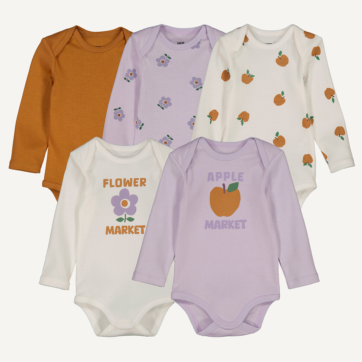 Pack of 5 Bodysuits with Long Sleeves assorted, LA REDOUTE COLLECTIONS