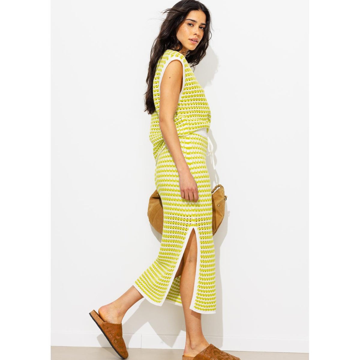 Jupe midi en crochet rayé jaune, PROMOD