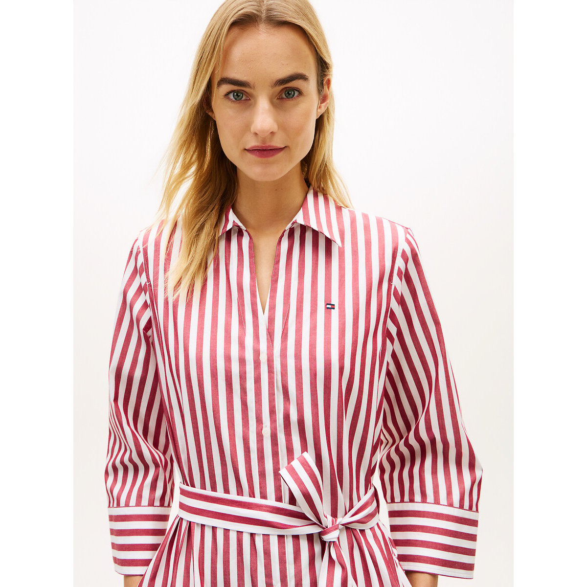 Robe chemise rayée manches 3/4 rayé blanc/rouge, TOMMY HILFIGER