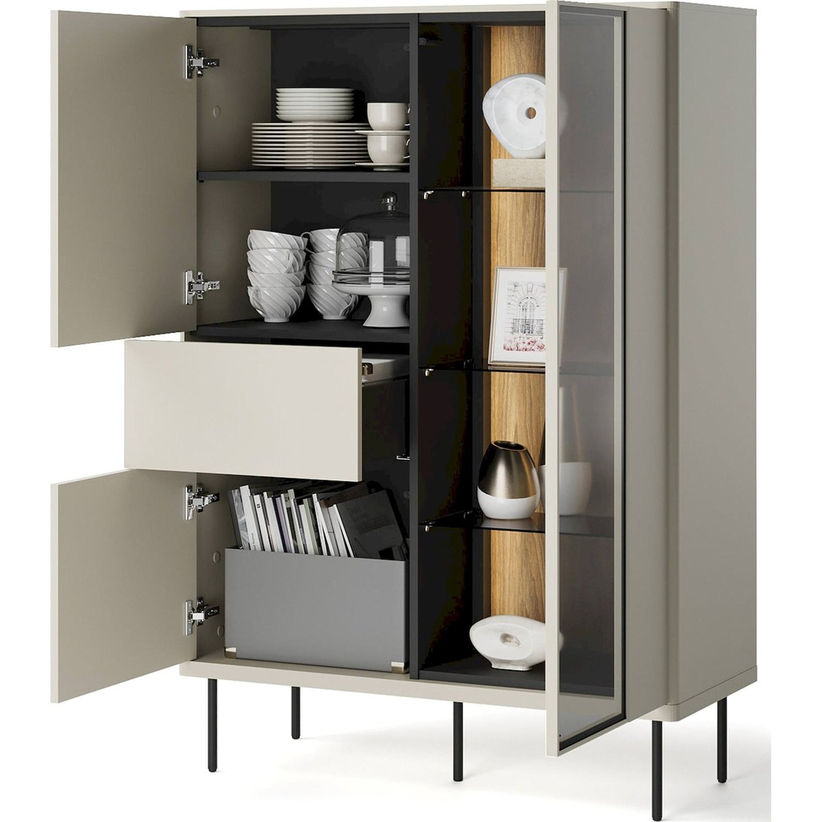 Vitrine haute EPIRO avec éclairage LED beige grisé et chêne foncé, RECOLLECTION