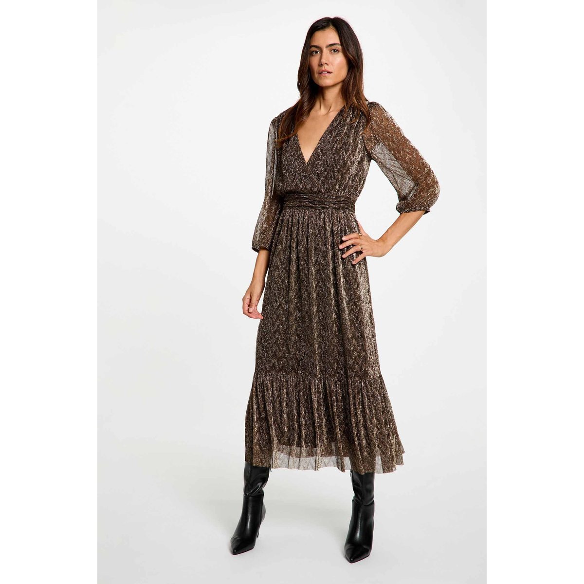 Robe longue plissée couleur bronze, MORGAN