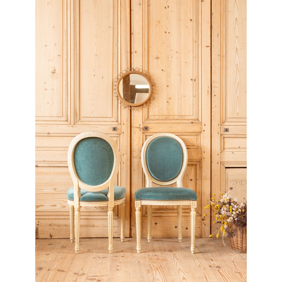 Lot de 6 chaises en bois et tissu bleu Claude N°1463 - Bon état bleu, DEBONGOUT