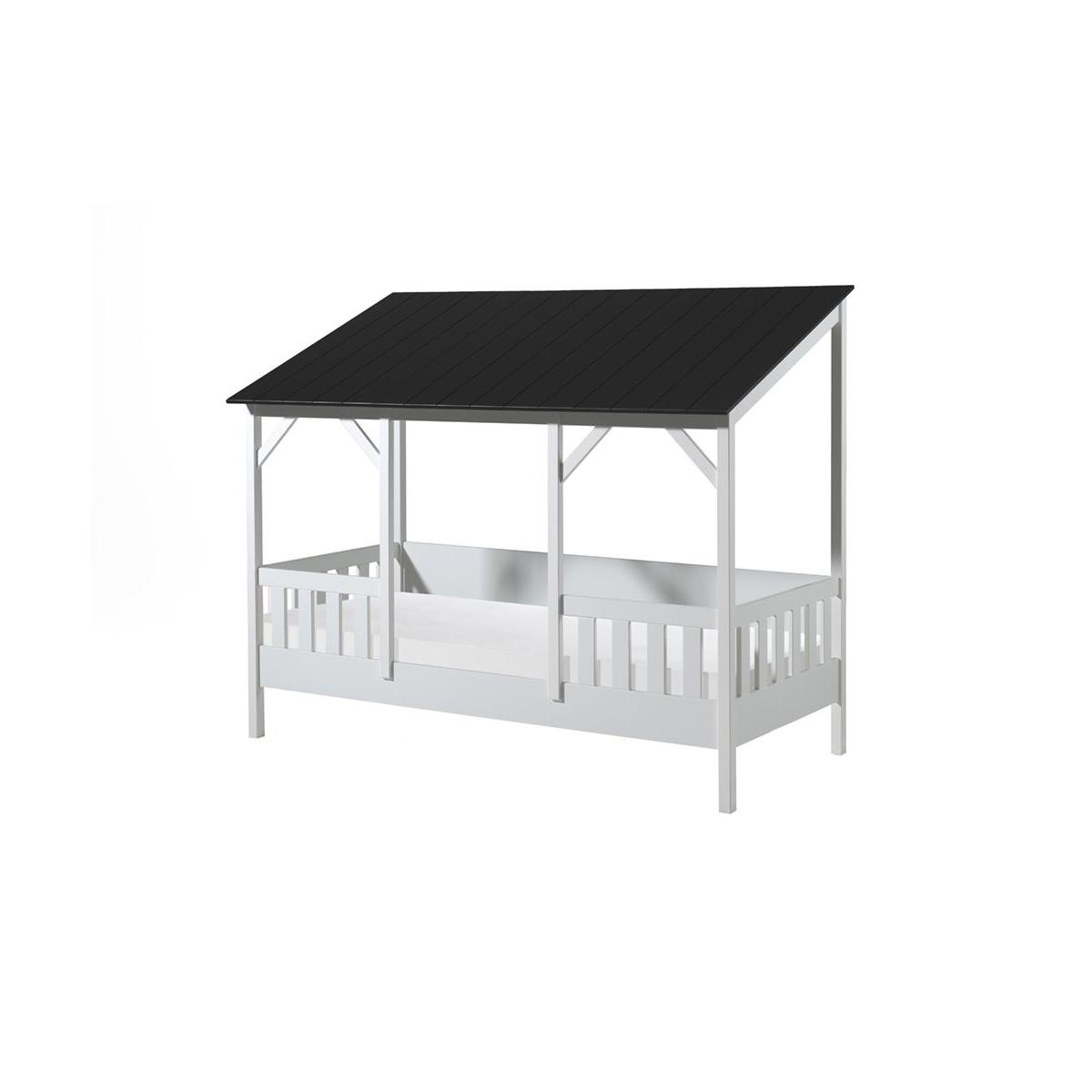 MALIA Lit cabane 90x200 avec toit noir + sommier + Matelas couleur unique, VIPACK