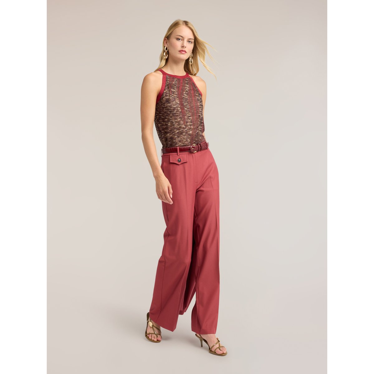 Pantalon palazzo à pli marqué rouge, MOTIVI