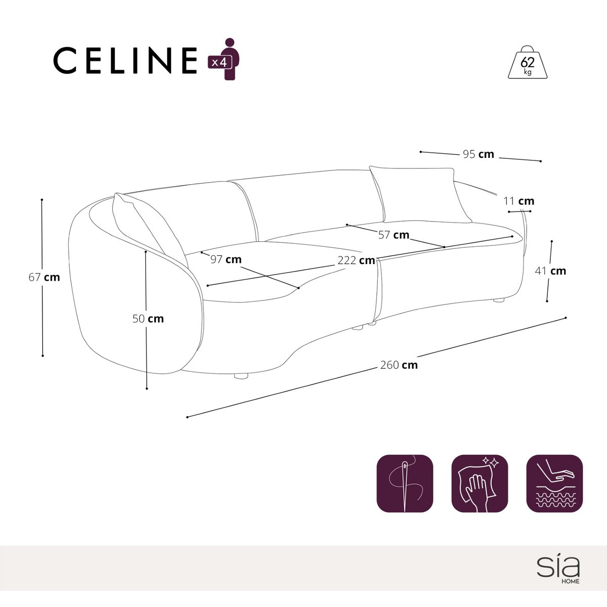 Canapé 4 places en tissu tramé CELINE noir, SIA HOME