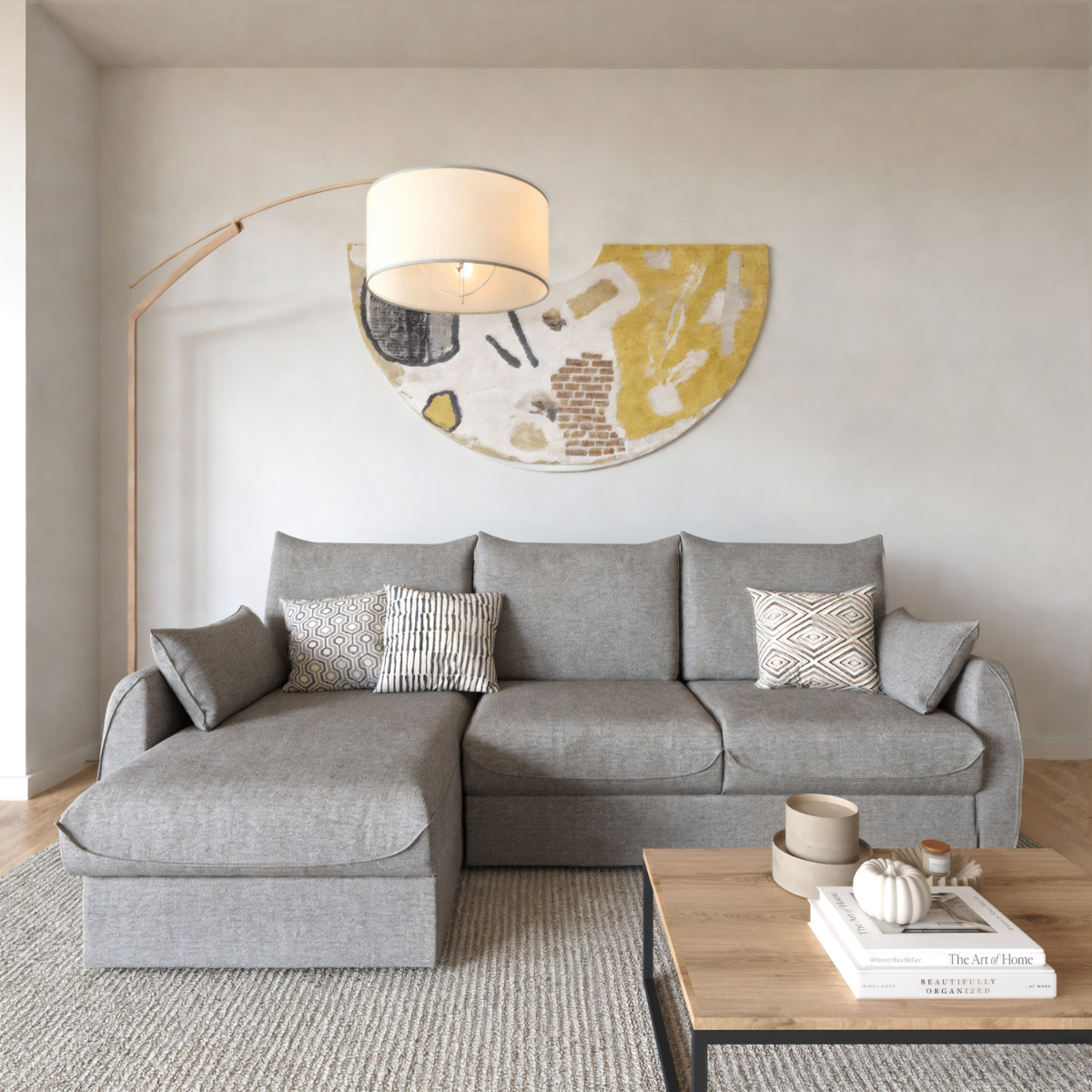 Canapé d'angle convertible avec coffre 3 places L260 cm - NAOMI gris, CALICOSY