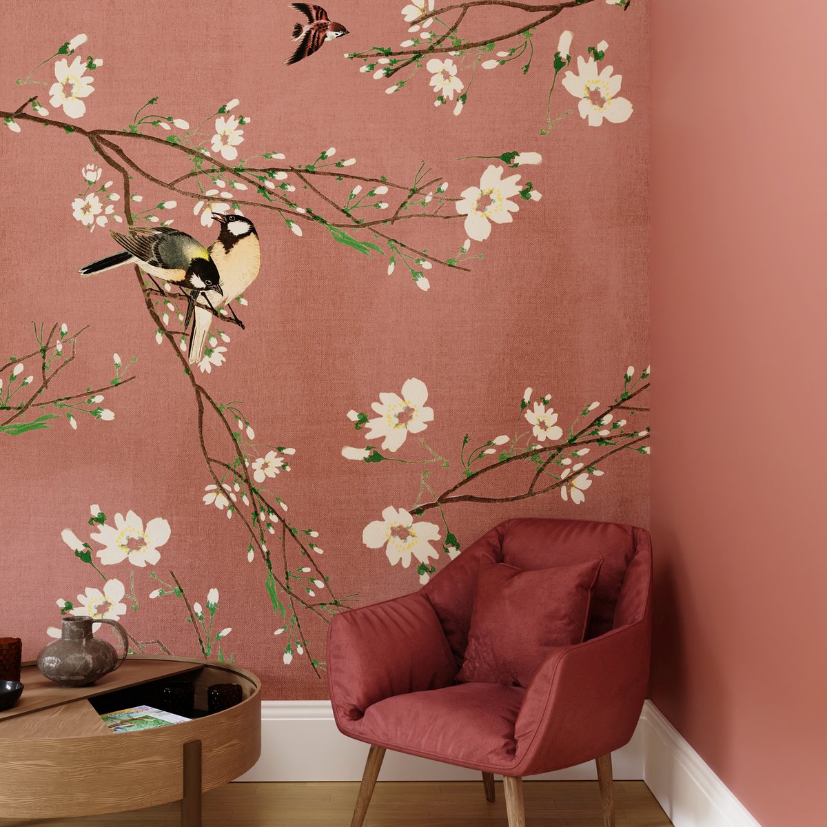 Papier peint panoramique Fleurs et oiseaux rose, blanc cassé, SUPERFRESCO EASY