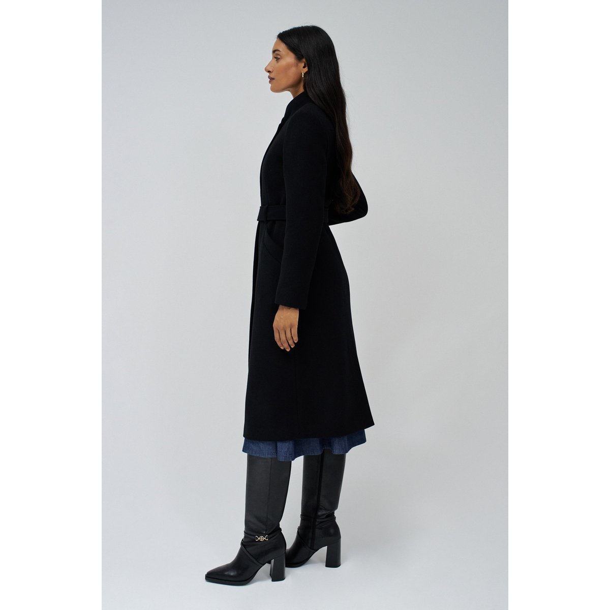 VESTE LONGUE EN LAINE GRACE AVEC CEINTURE noir, SALSA JEANS