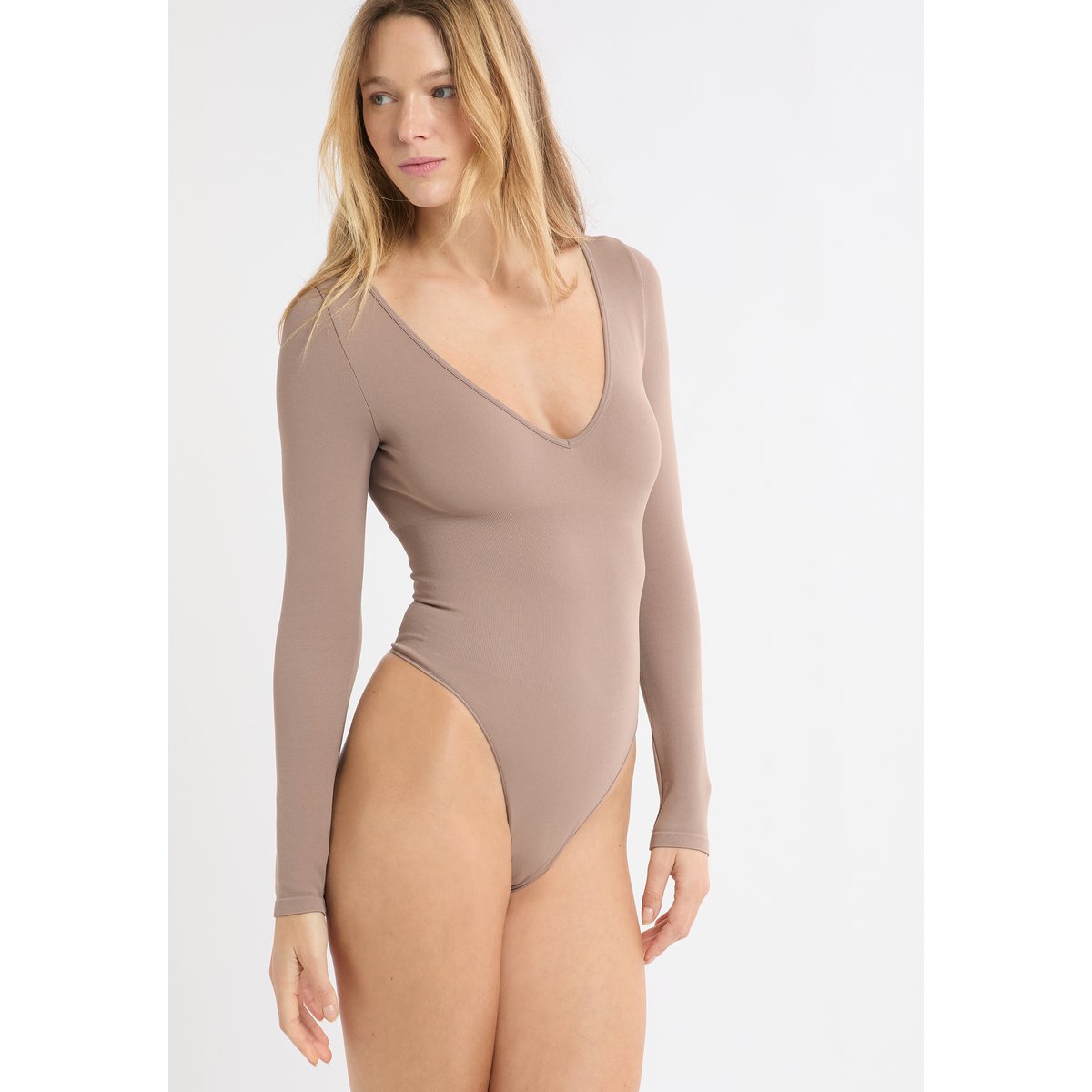Body col V manches longues ROMY taupe, ETAM