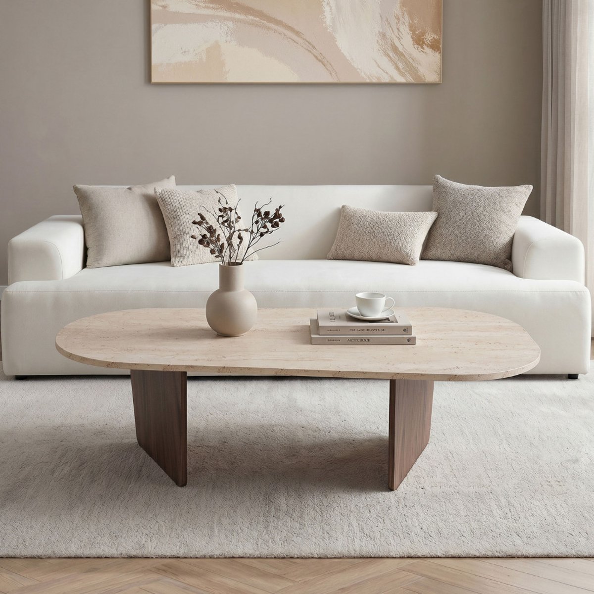 Table basse ovale en bois et effet travertin 130x65cm- SOMA beige, DRAWER