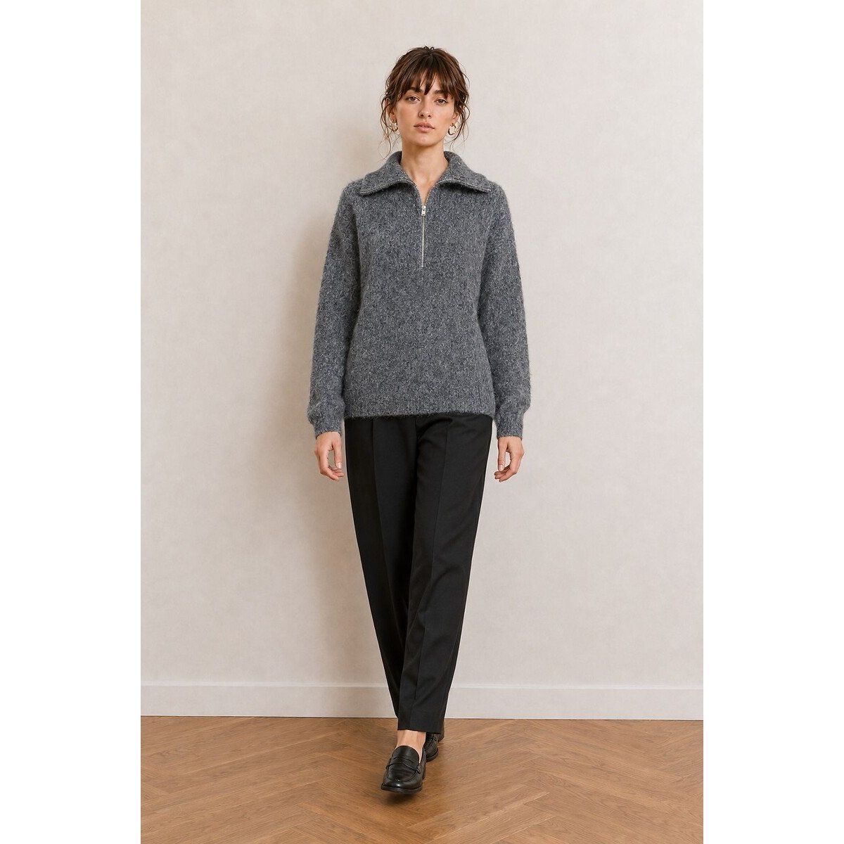 Pull en maille zippé gris, SEE U SOON
