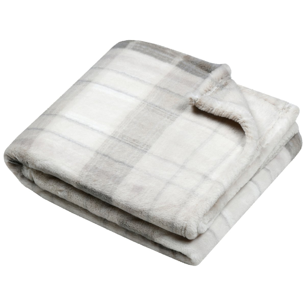 Plaid à carreaux écossais en imitation fourrure beige, LOVELY CASA