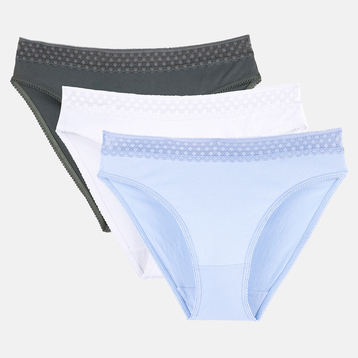 Lote de 3 braguitas de algodón y encaje azul/blanco/gris , LA REDOUTE COLLECTIONS