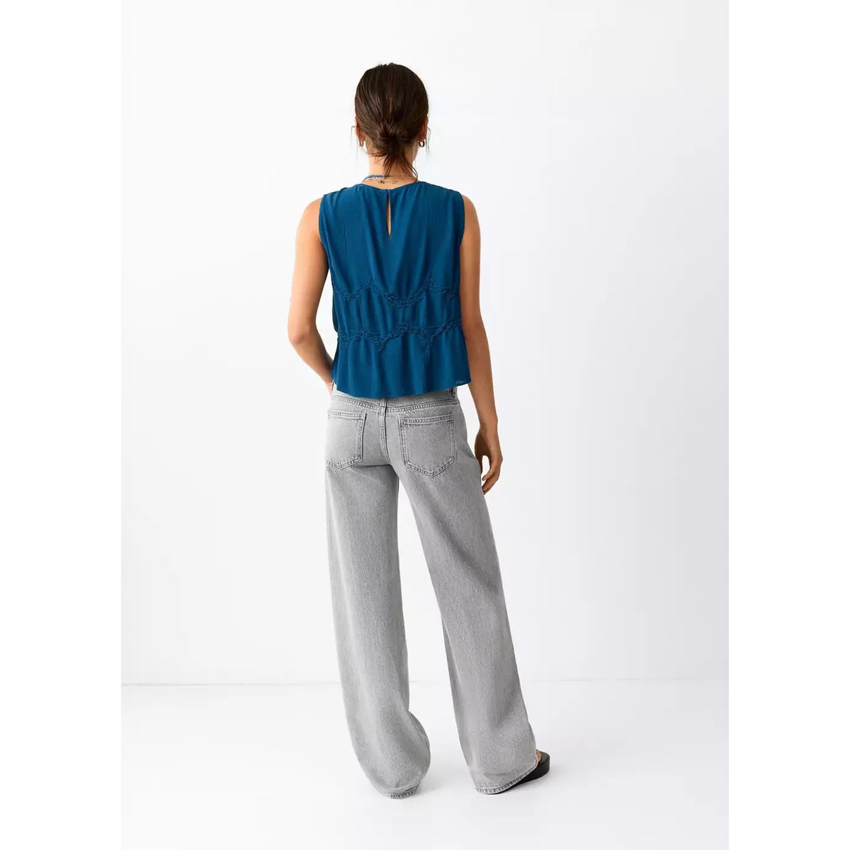 Jean wide leg coutures et clous gris denim, MANGO TEEN