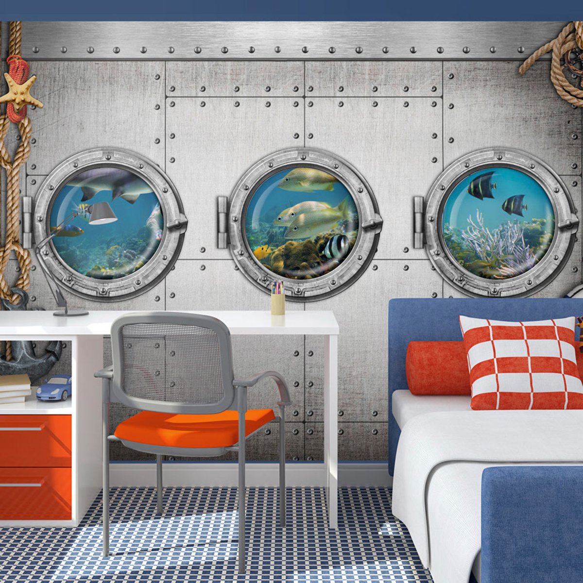 Papier peint intissé panoramique Animaux Portholes multicouleur, EDEN