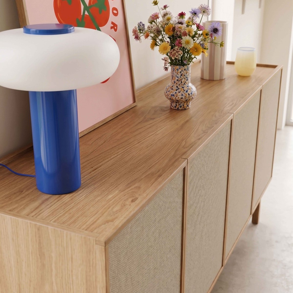Buffet effet bois et tissu 4 portes 180 cm style scandinave, TOMY bois clair, OVIALA