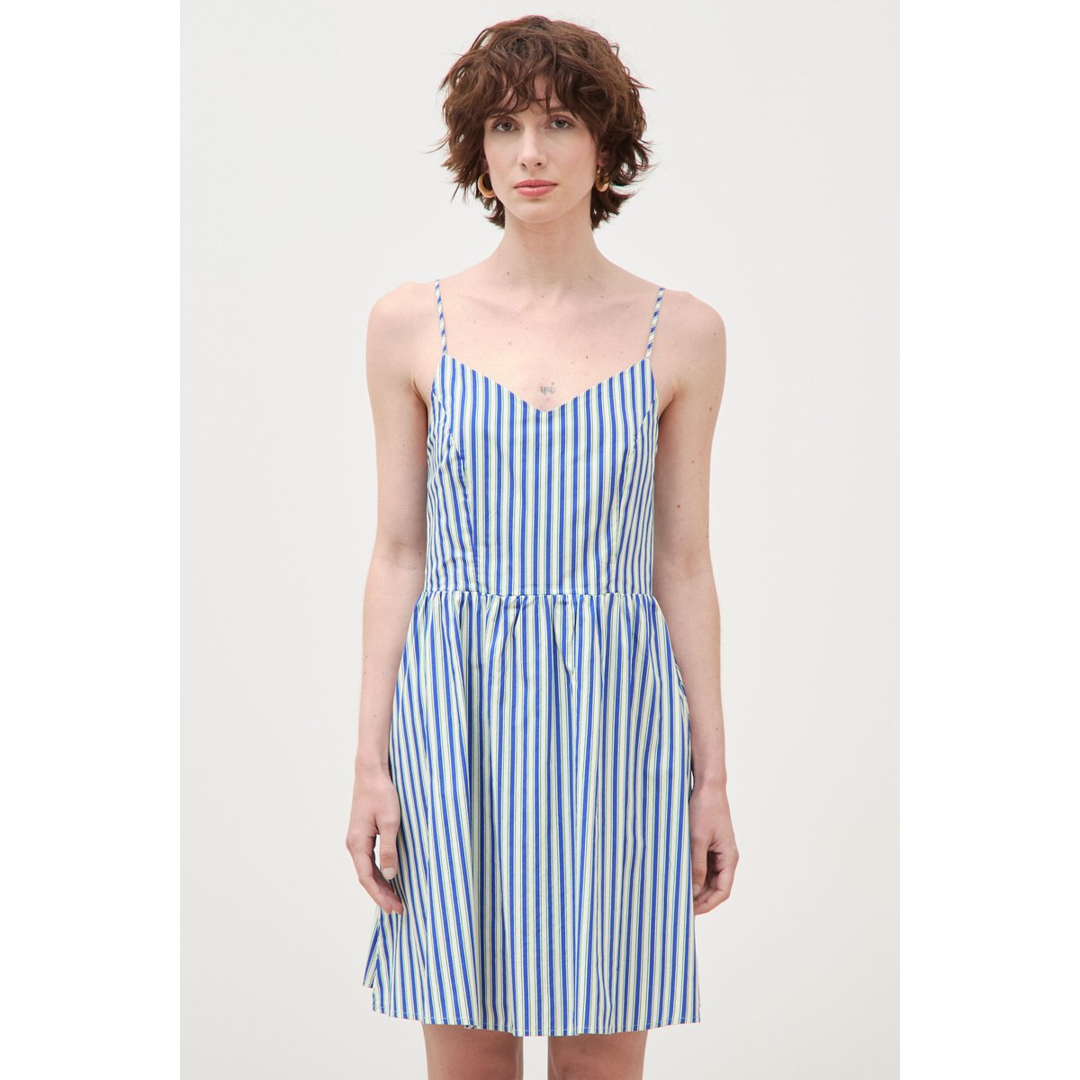 Robe bretelle col cœur en coton bleu clair, BONOBO