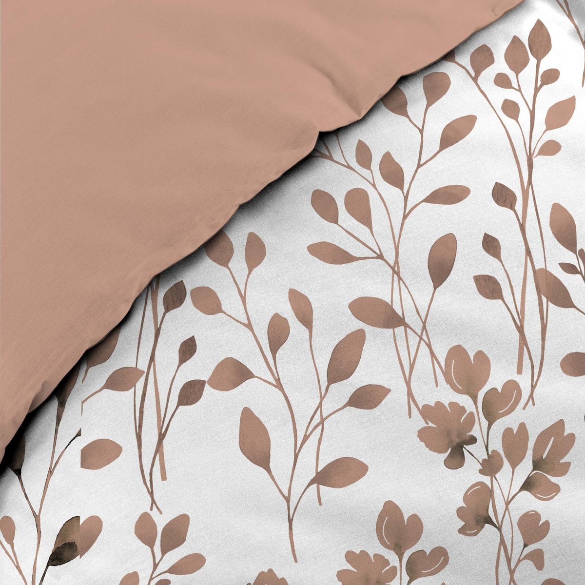 Parure de lit 3 pièces en coton à motif feuillage housse + taies rose, DOUCEUR D'INTÉRIEUR