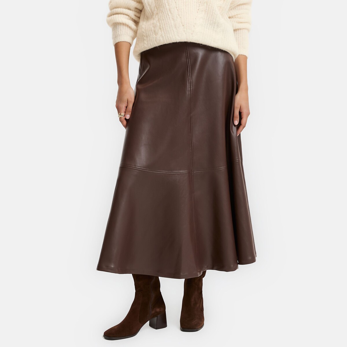 Jupe midi évasée en simili marron foncé, LA REDOUTE COLLECTIONS