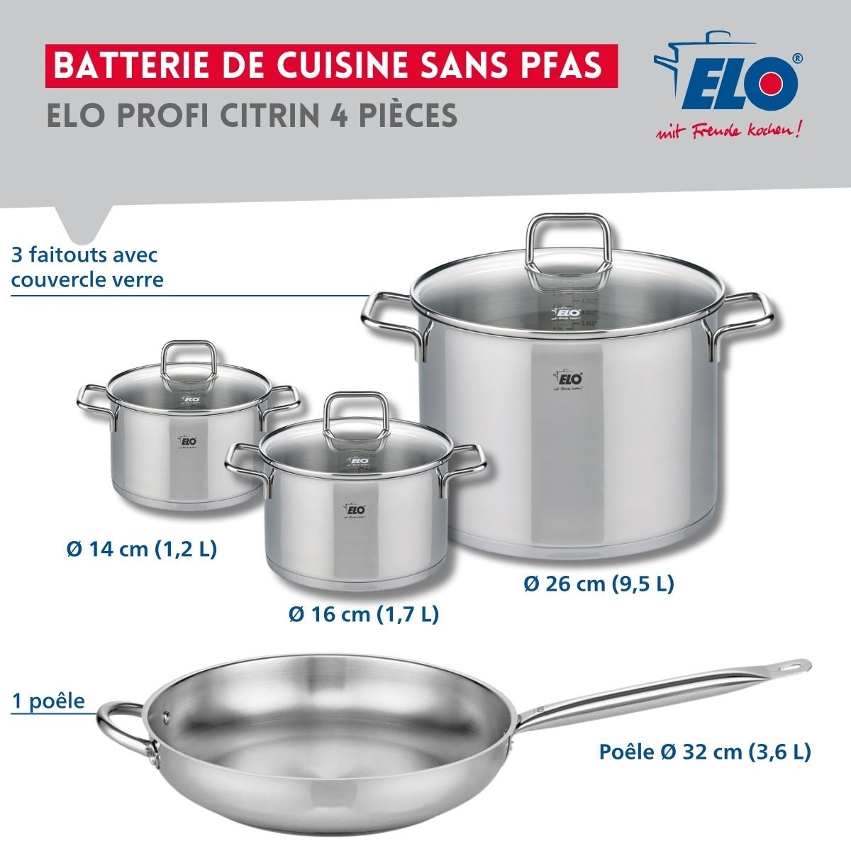 Batterie 1 poêle 32cm + 3 faitouts 14/16/26cm PROFI CITRIN gris, ELO