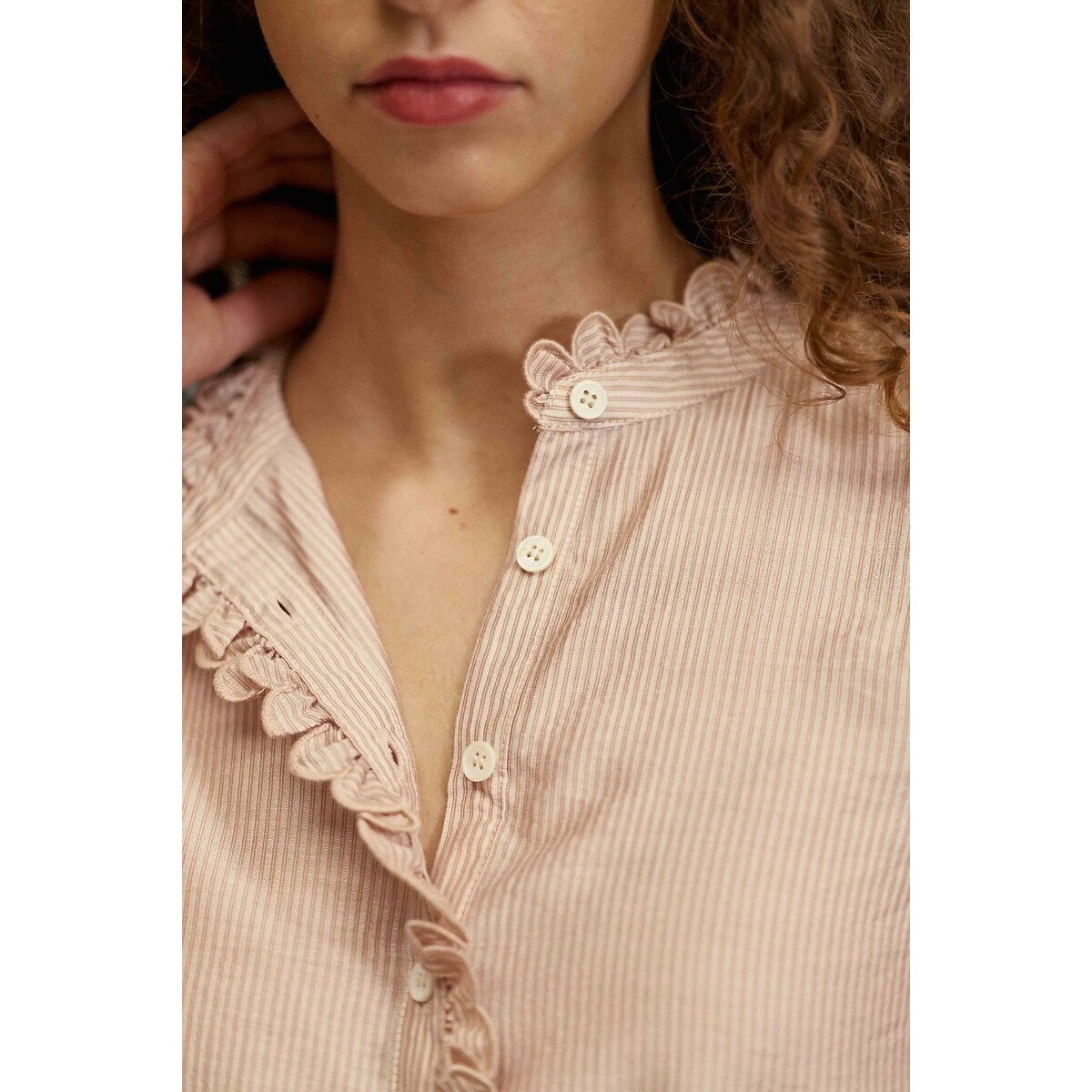Blouse rayée manches longues col volanté, BOYA rose poudré, LA PETITE ETOILE