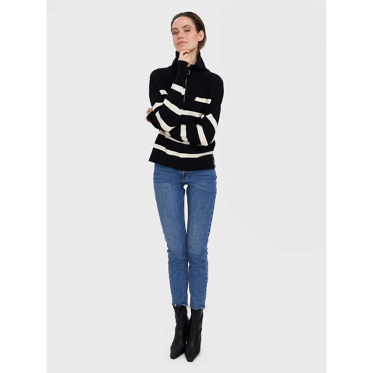Pull col camionneur à rayures noir rayé, VERO MODA