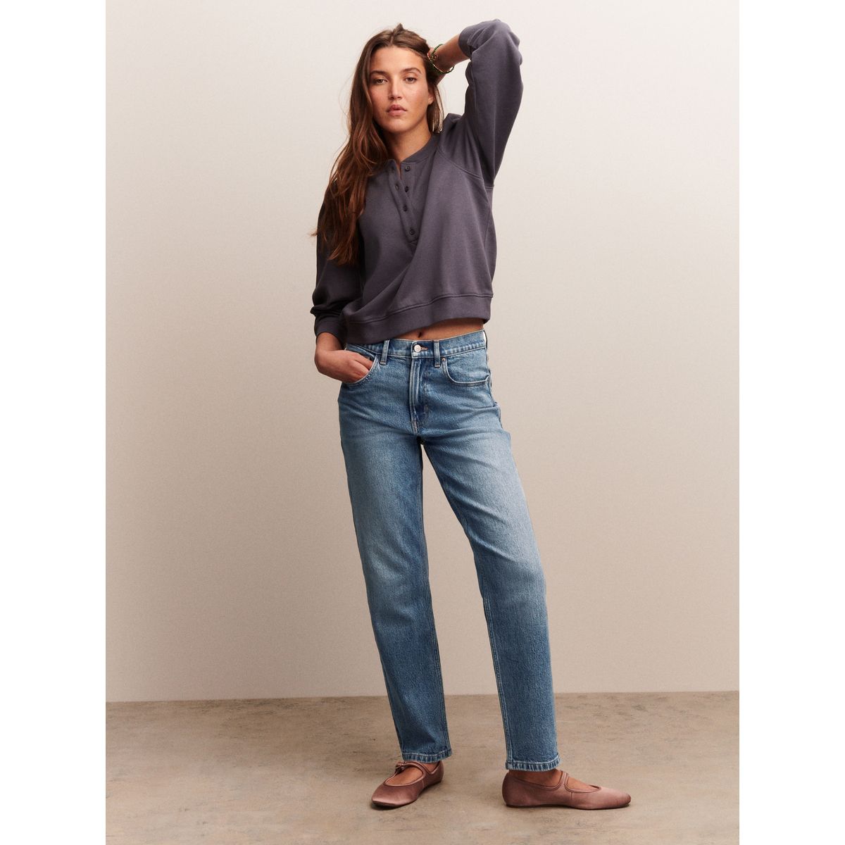 Jean mom stretch confortable jean bleu moyen, NEXT