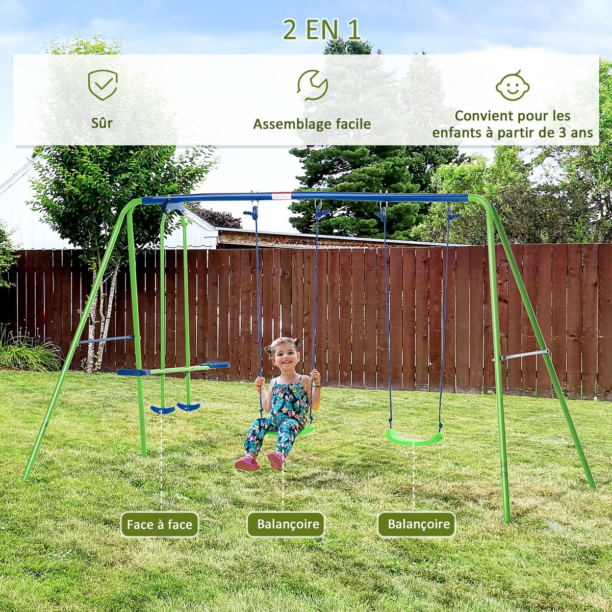 Balançoire pour enfants Métal Vert, Bleu vert, OUTSUNNY