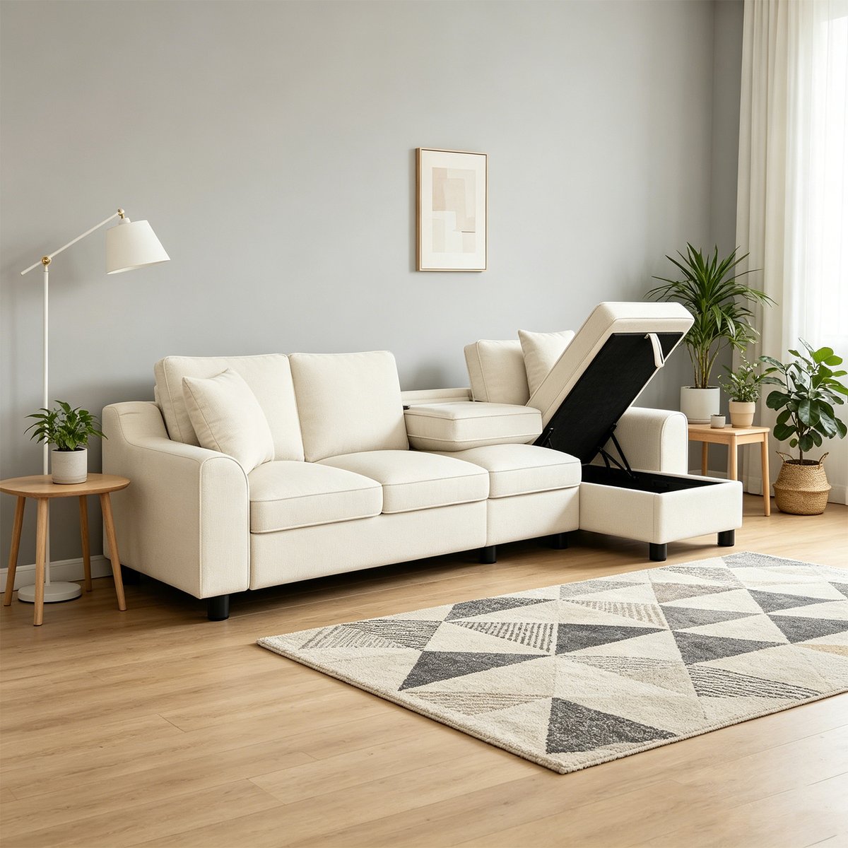 Canapé d'angle réversible coffre en chenille, VASEB beige, MEUBLES COSY