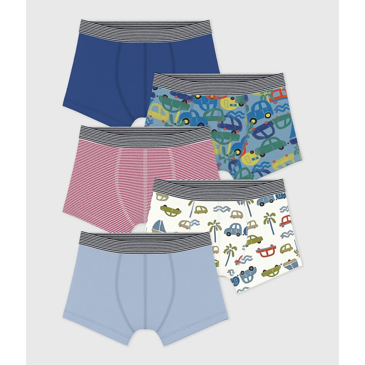 Lot de 5 boxers en coton bleu + rouge + blanc, PETIT BATEAU