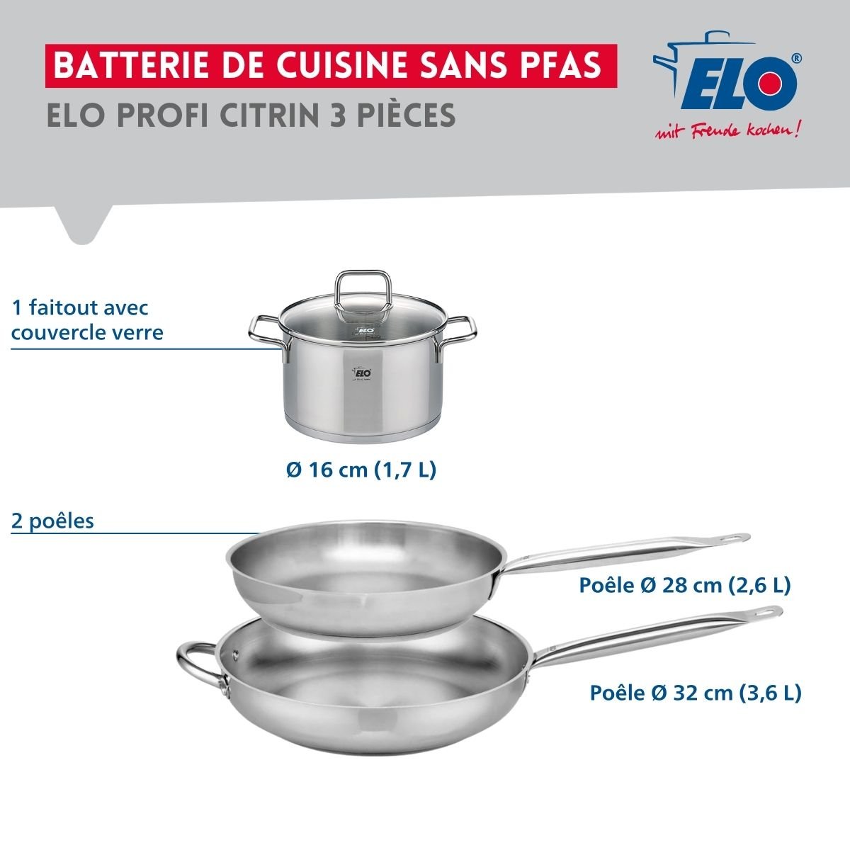 Batterie 2 poêles 28/32cm + 1 faitout 16cm PROFI CITRIN inox, ELO